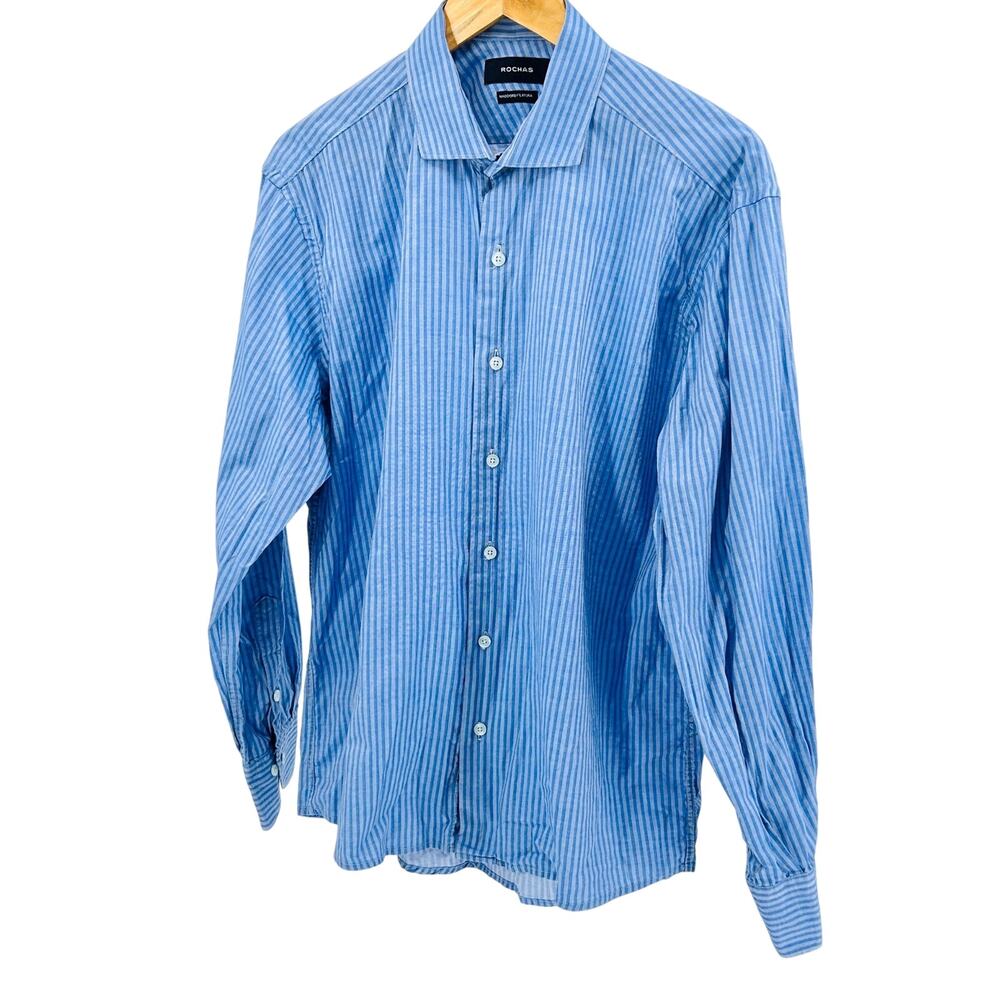 Rochas Blue White Thin Striped Cotton Button Down Dress Shirt